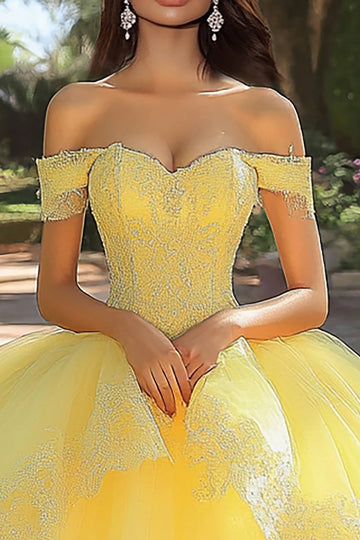 Żółta suknia balowa z aplikacją tiulowa długa sukienka quinceanera z falbankami